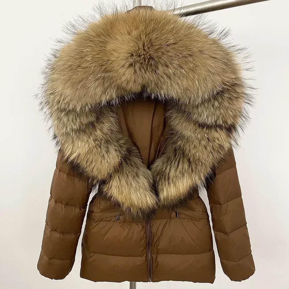 Women's Hooded White Duck Down Coat - Real Raccoon Fur Collar - Buy Center US