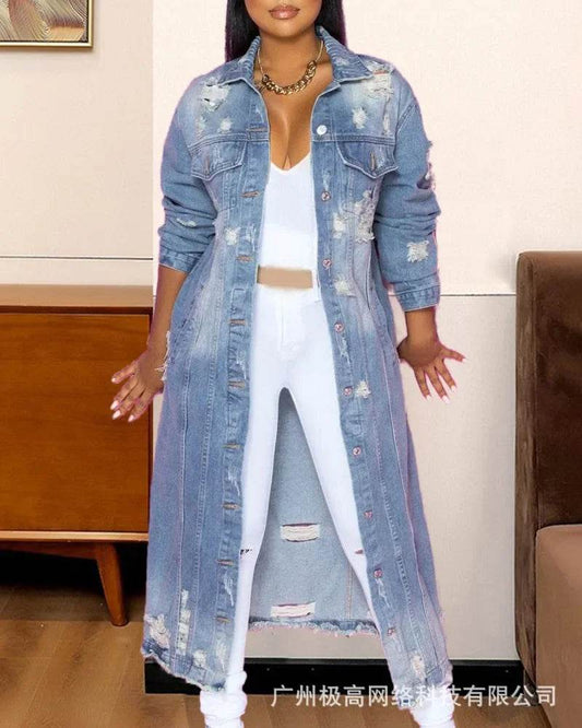 Kalenmos Women's Longline Denim Coat - Ripped Hem, Pockets, Stylish - Buy Center US