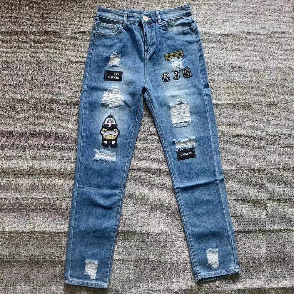 Tsingyi White Embroidery Ripped Jeans - Slim Fit Casual Denim - Buy Center US