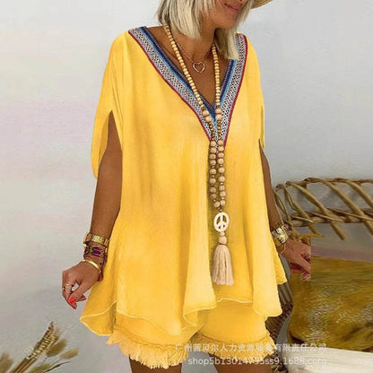 Kalenmos Women's V-Neck Casual Shorts Set - Elegant Y2K Summer Style - Buy Center US