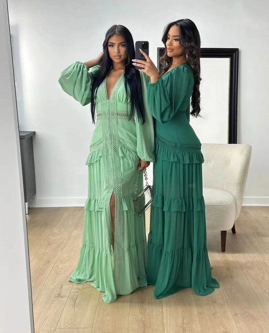 HKOX Elegant V-Neck Long Sleeve Ruffles Dress for Summer 2025 - Buy Center US