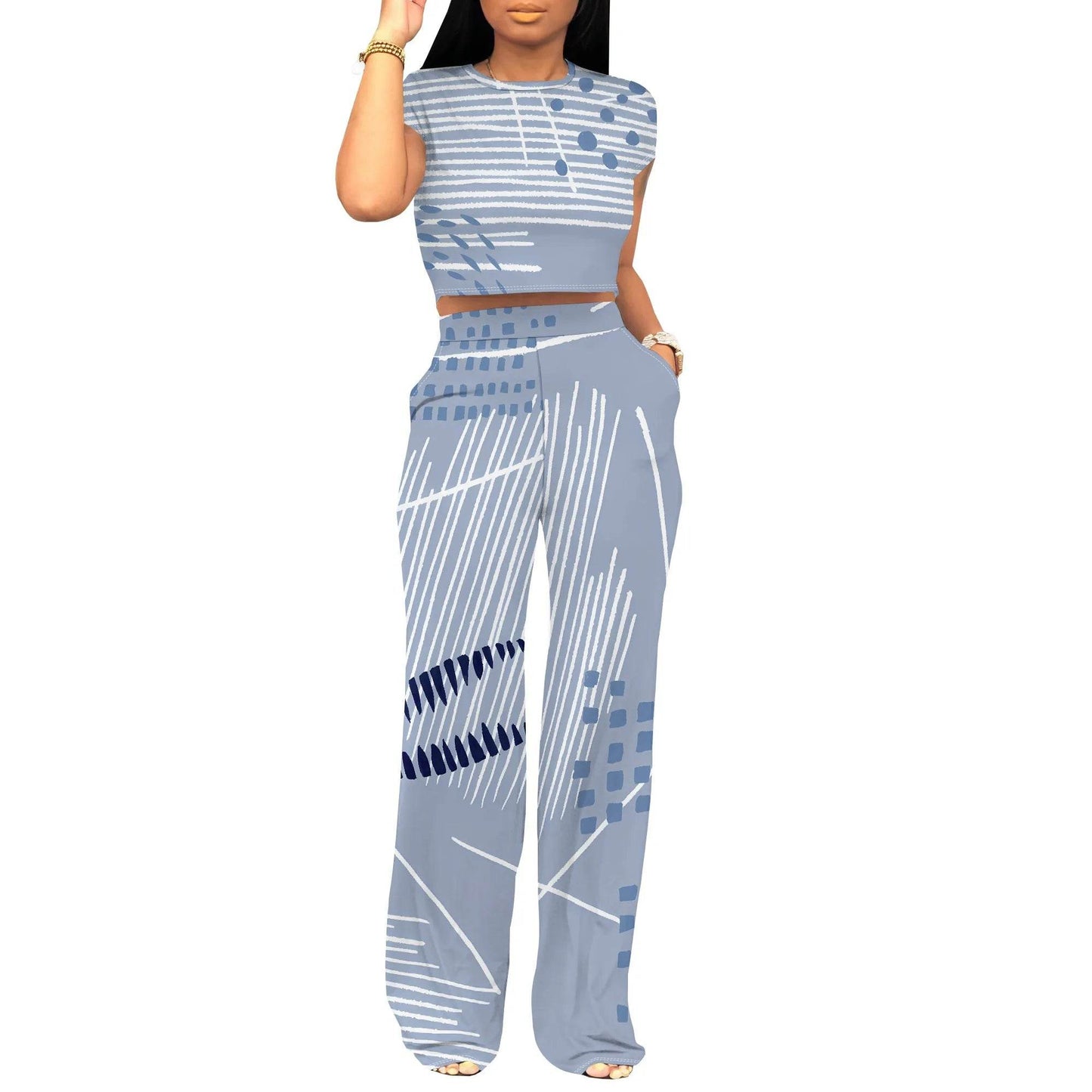 Women's Summer Two-Piece Outfit - Crop Top & Wide Leg Pants Set - Buy Center US