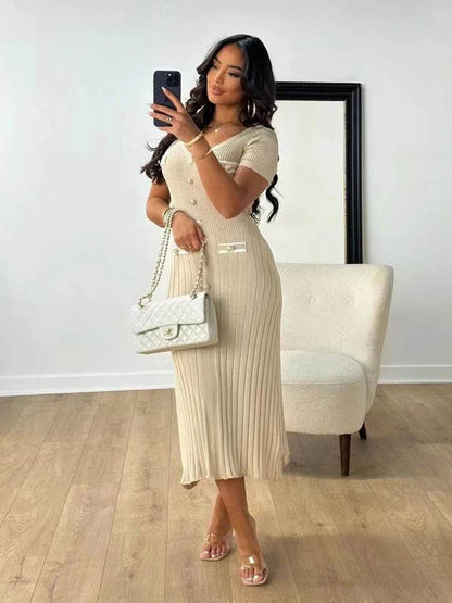Elegant Office Lady Knitted Dress - Short Sleeve V-Neck Style - Buy Center US