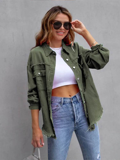 XXOWEN Women's Long Sleeve Denim Jacket - Casual Broken Hole Style - Buy Center US