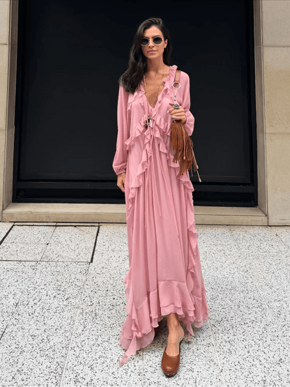 Elegant V-Neck Flounce Dress - Chic Loose Summer Gown for Women - Buy Center US