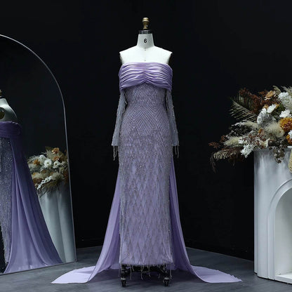 Lilac Midi Evening Dress with Tassels - Off Shoulder, Formal Style - Buy Center US