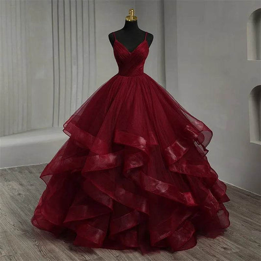 Dark Red Spaghetti Strap V-Neck Quinceanera Dress - Boho Ball Gown - Buy Center US