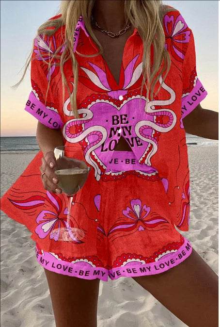 Women's Summer Print 2-Piece Beach Set - Casual Short Sleeve Top - Buy Center US