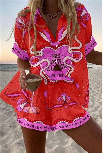 Women's Summer Print 2-Piece Beach Set - Casual Short Sleeve Top - Buy Center US