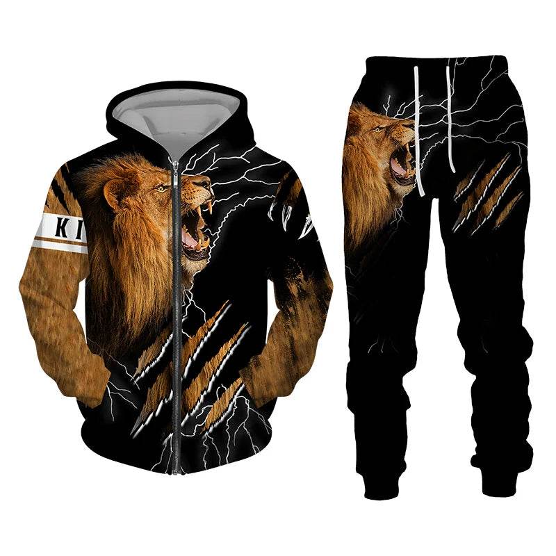 Men's 3D Lion Print Tracksuit - Casual Zipper Hoodie & Pants Set - Buy Center US