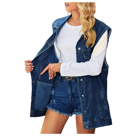 KLV Women's Vintage Oversized Denim Jacket - Casual Spring/Summer Wear - Buy Center US