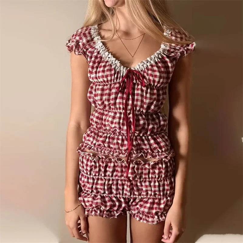 Xingqing Women's Y2K 2-Piece Outfit - Ruched Top & Plaid Shorts - Buy Center US