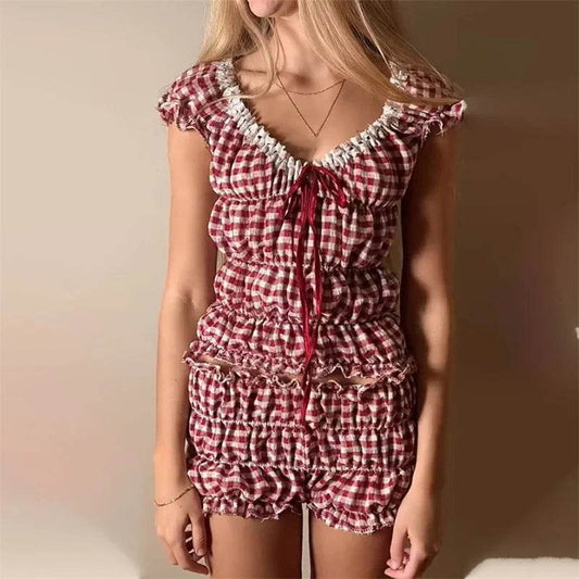 Xingqing Women's Y2K 2-Piece Outfit - Ruched Top & Plaid Shorts - Buy Center US