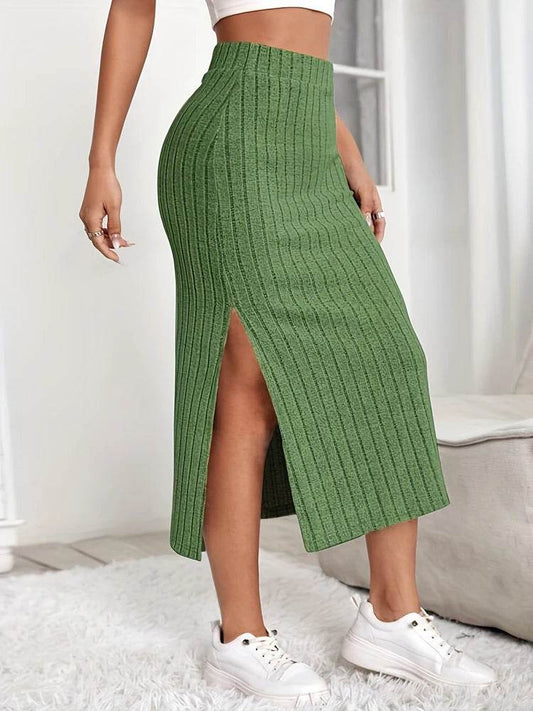 Suofeiman Casual High Waist Split Midi Skirt - Ribbed Knit Design - Buy Center US