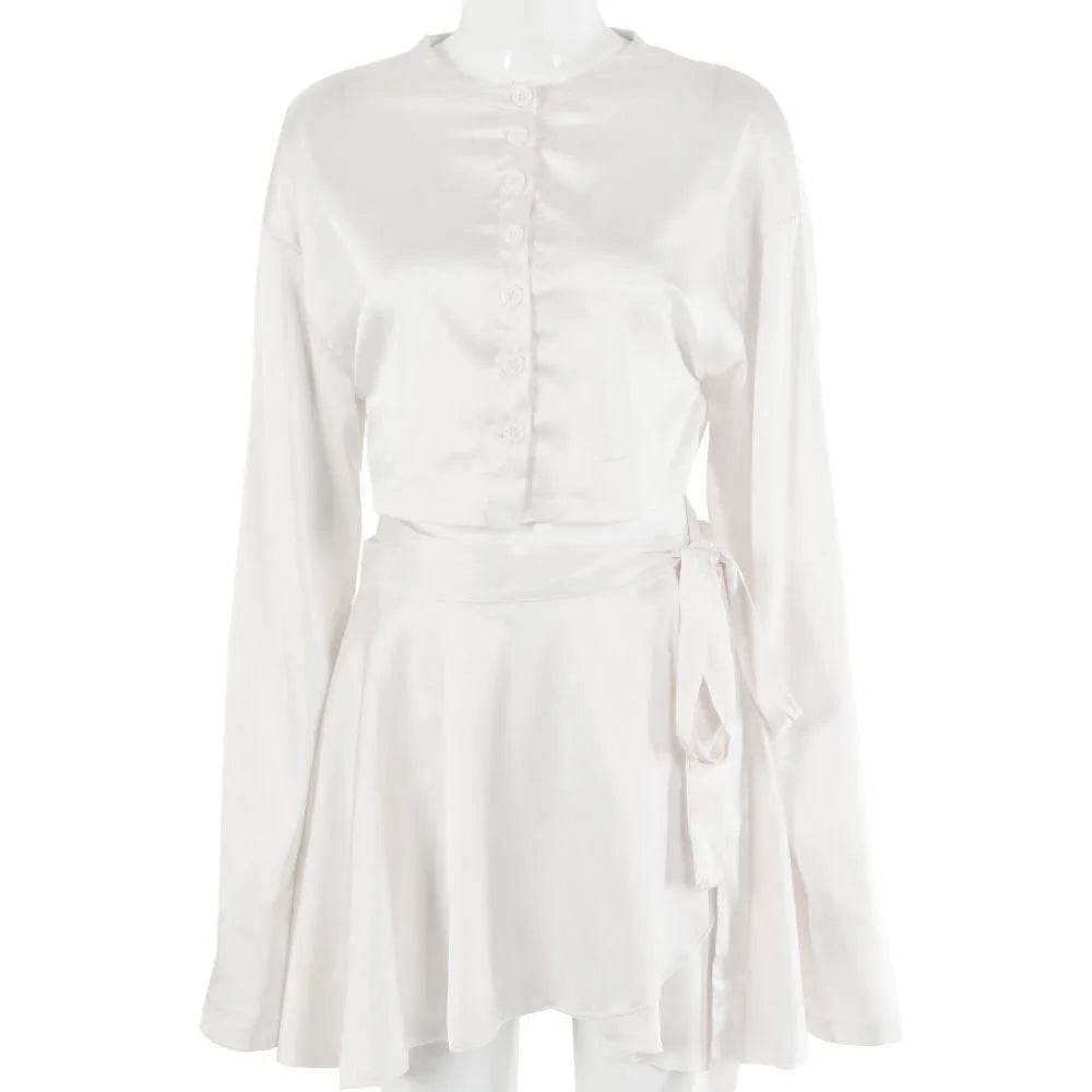 2025 Women's White Satin Two Piece Set - Elegant Crop Top & Skirt - Buy Center US
