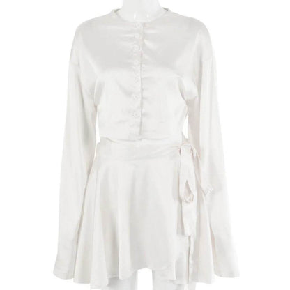 2025 Women's White Satin Two Piece Set - Elegant Crop Top & Skirt - Buy Center US