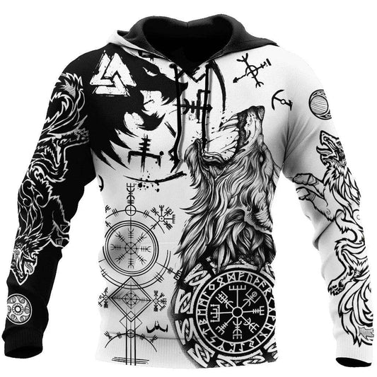 Retro Wolf Tattoo Vegvisir Hoodie - Black & White 3D Print for Men - Buy Center US