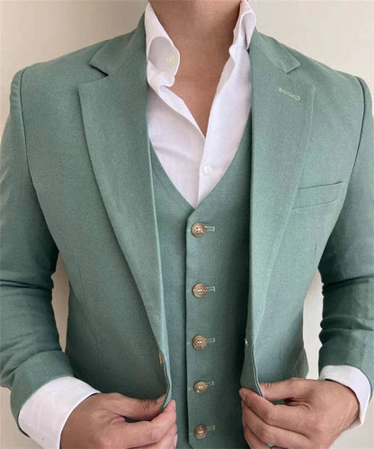 Tunetak Men's 3-Piece Linen Suit - Slim Fit Beige Blazer & Vest Set - Buy Center US