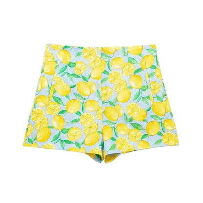 2024 ZAR4 Women's Linen Lemon Print Knot Short Shirt & High-Waist Shorts - Buy Center US