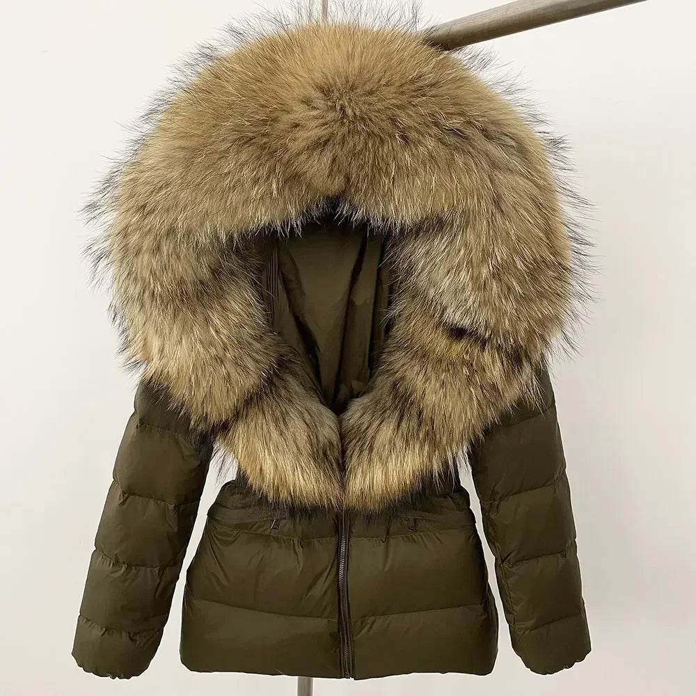 Women's Hooded White Duck Down Coat - Real Raccoon Fur Collar - Buy Center US