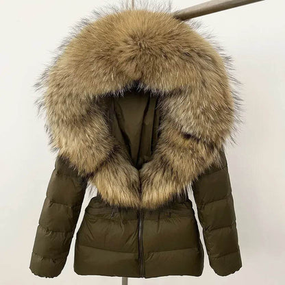 Women's Hooded White Duck Down Coat - Real Raccoon Fur Collar - Buy Center US
