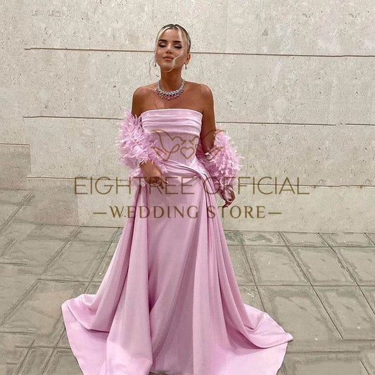 Eightree Pink Strapless Mermaid Prom Dress - Floral Satin Gown - Buy Center US