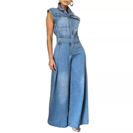 Kalenmos Women's Summer Denim Jumpsuit - High Waist, Wide Leg Style - Buy Center US