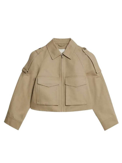 Hfwomenfz Vintage Women's Khaki Short Jacket - Zipper, Pockets, Full Sleeve - Buy Center US