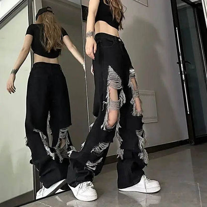 PTKPCC High Waist Distressed Jeans - Y2K Loose Fit for Women - Buy Center US