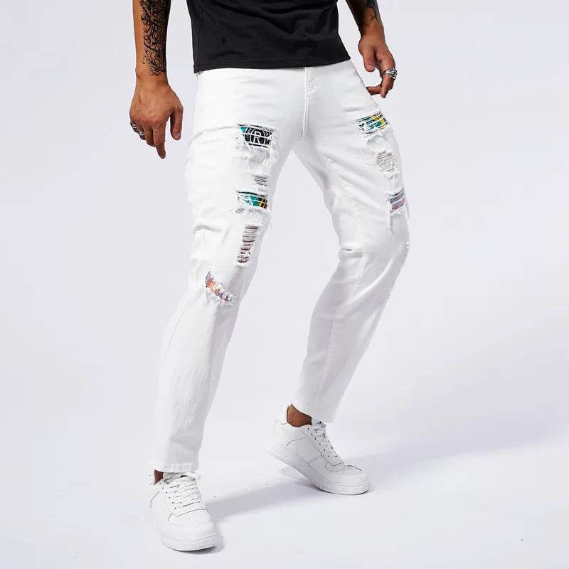 Men's White Ripped Slim Fit Jeans - Casual Straight Leg Pants - Buy Center US