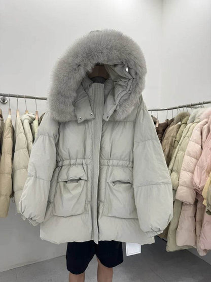 LAJWMPLX Women’s Winter Puffer Coat - Real Raccoon Fur Hood, Waterproof - Buy Center US