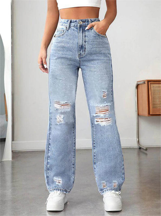 LEEYOVEE Women's Wide-Leg Ripped Denim Pants - Casual Loose Fit - Buy Center US