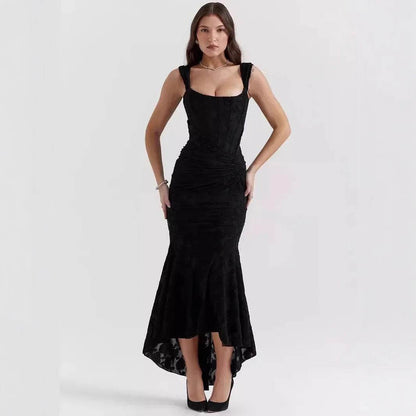 Autumn Square Collar Fish Tail Tank Dress - Jacquard Pleated Style - Buy Center US