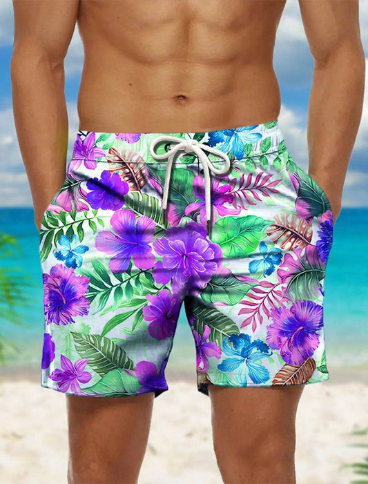 Men's Hawaiian Board Shorts - Quick Dry Floral Print Swim Trunks - Buy Center US