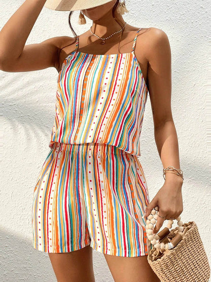 Tercoun Women's Striped Polka Dot Suspender Shorts Set - Sweet Style - Buy Center US
