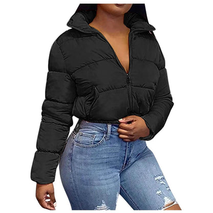 Women's Autumn Winter Stand Collar Padded Cropped Jacket - Zipper - Buy Center US