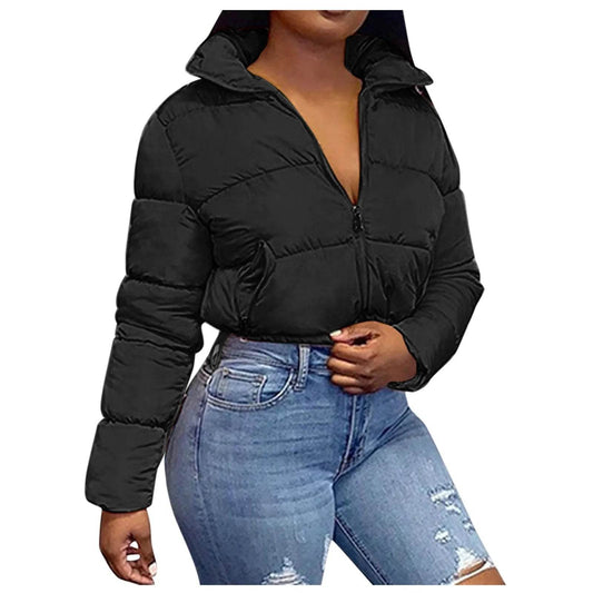Women's Autumn Winter Stand Collar Padded Cropped Jacket - Zipper - Buy Center US