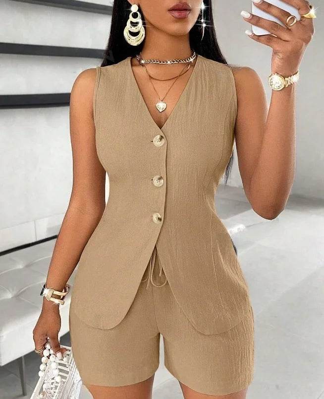 Women's Elegant Commuter Shorts Set - V-Neck Sleeveless Top & Shorts - Buy Center US