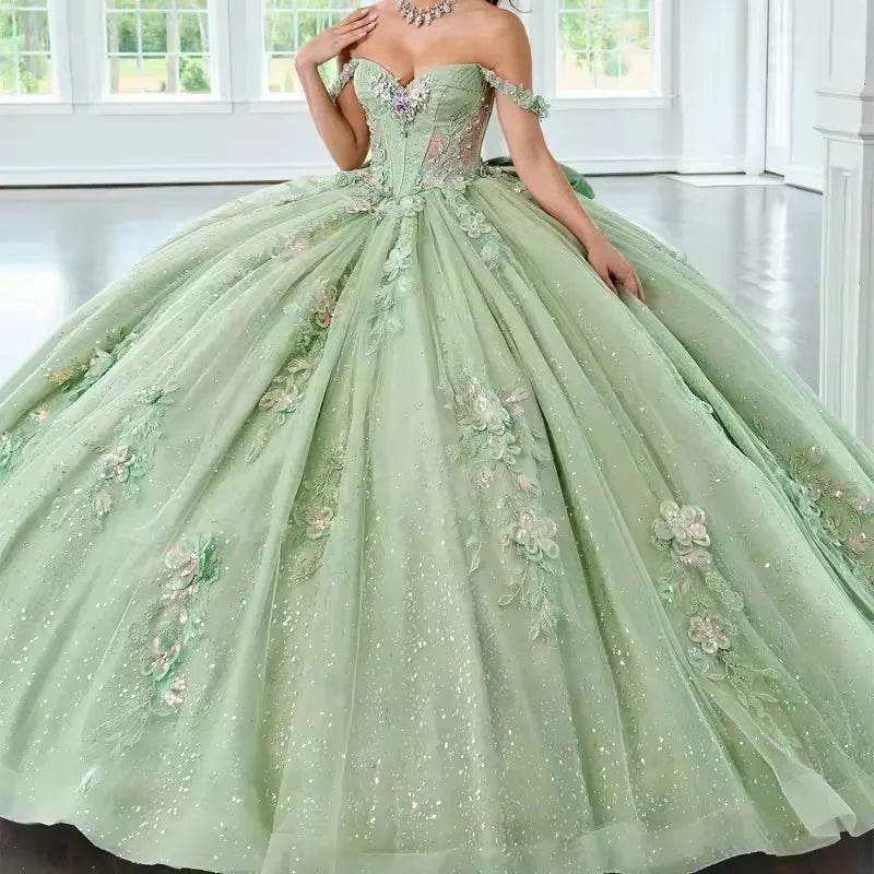 ANGELSBRIDEP Sage Green Quinceanera Dress - 3D Floral Bow Design - Buy Center US