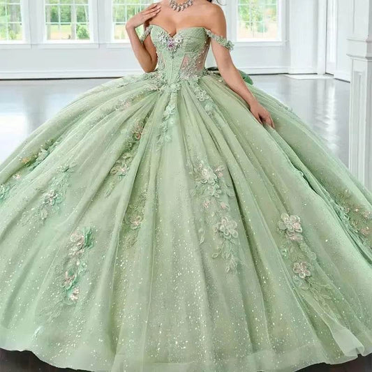 ANGELSBRIDEP Sage Green Quinceanera Dress - 3D Floral Bow Design - Buy Center US