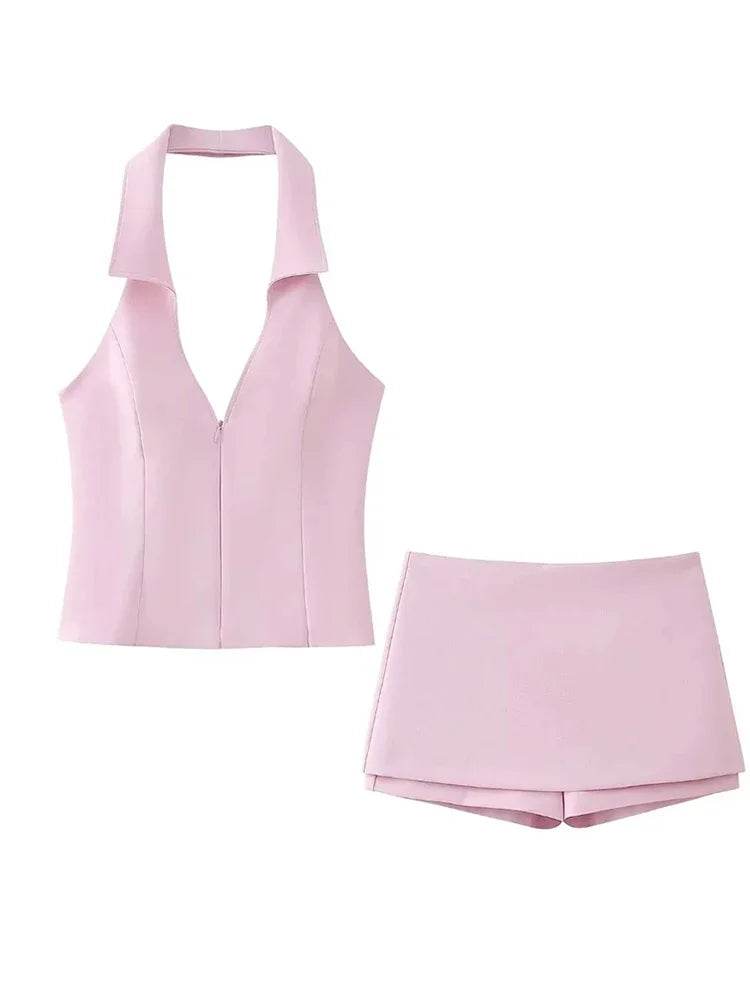 Women's Pink Shorts Set - Sexy V Neck Sleeveless Top for Summer - Buy Center US