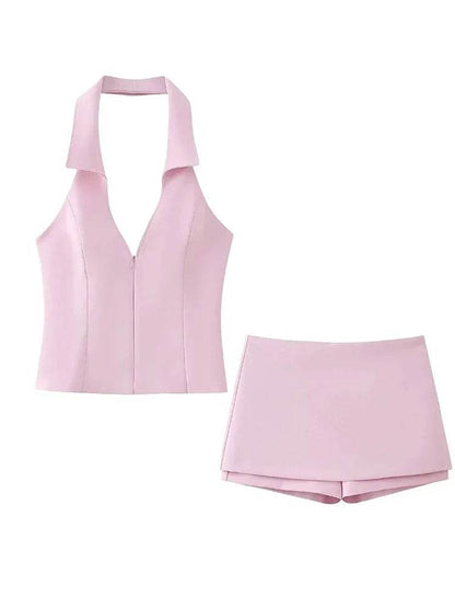 Women's Pink Shorts Set - Sexy V Neck Sleeveless Top for Summer - Buy Center US