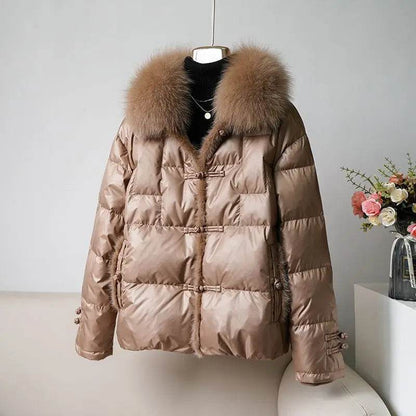 Vintage Chinese Style Duck Down Coat with Fox Hair Collar for Women - Buy Center US