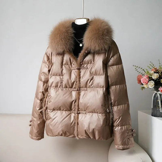 Vintage Chinese Style Duck Down Coat with Fox Hair Collar for Women - Buy Center US