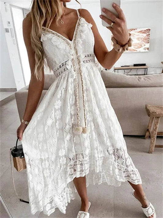Hirigin Women’s White Lace Dress - Sleeveless V-Neck Beach Holiday - Buy Center US