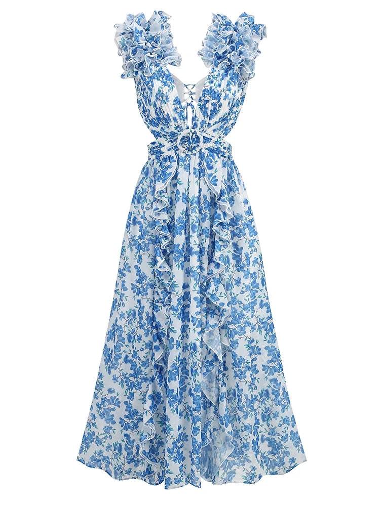 Sexy Pink Floral V Neck Dress - Sleeveless Ruffle Ankle Length - Buy Center US