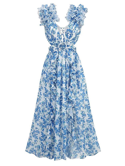 Sexy Pink Floral V Neck Dress - Sleeveless Ruffle Ankle Length - Buy Center US