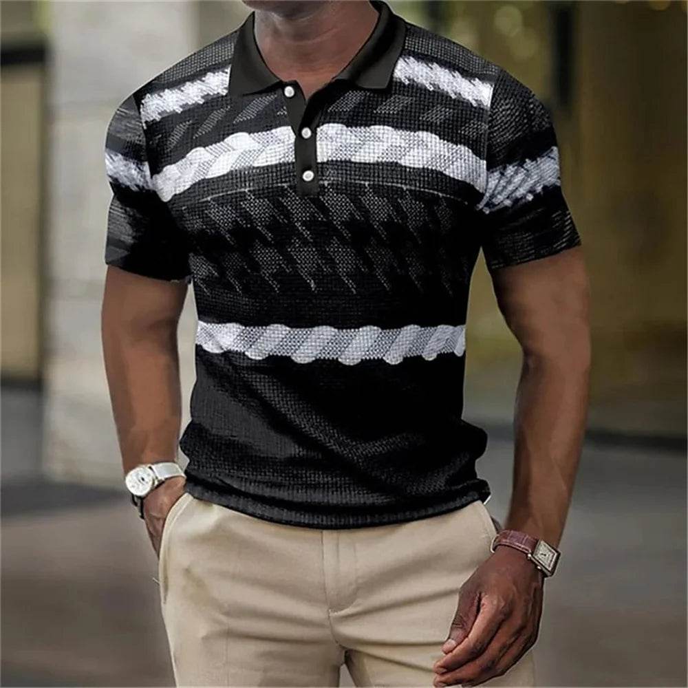 Vintage Men's Casual Polo Shirt - 3D Stripe Print, Loose Fit, Soft Tee - Buy Center US