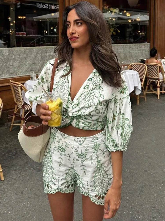 Summer 2024 Women’s 2-Piece Shorts Set - Fashionable Embroidery Blouse - Buy Center US