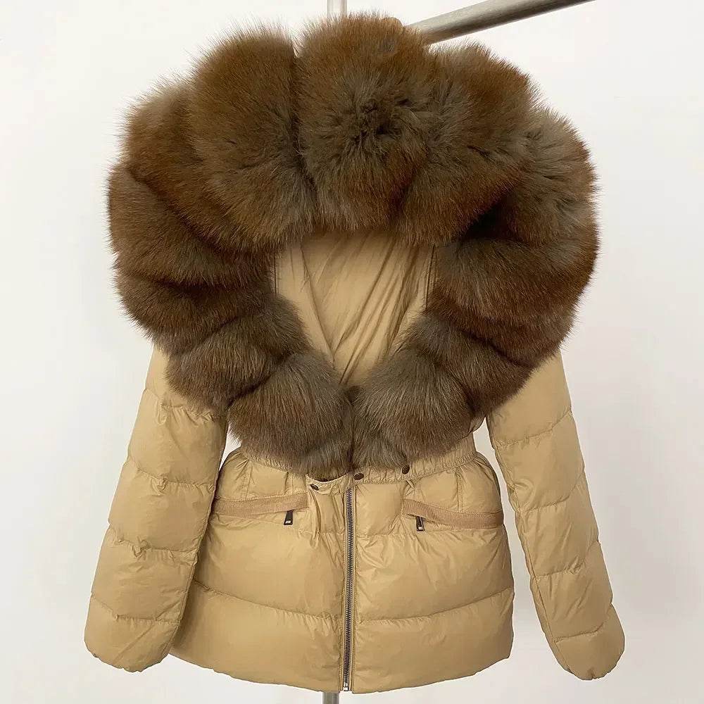 Women's Hooded White Duck Down Coat - Real Raccoon Fur Collar - Buy Center US